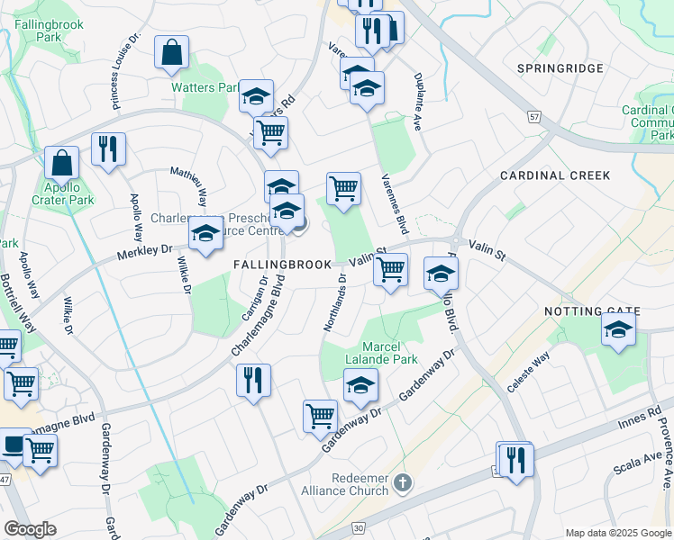 map of restaurants, bars, coffee shops, grocery stores, and more near 632 Valin Street in Ottawa