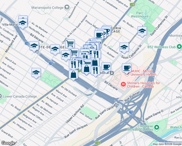 map of restaurants, bars, coffee shops, grocery stores, and more near 2084 Boulevard Décarie in Montreal