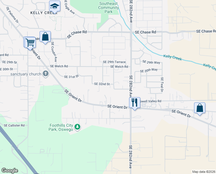map of restaurants, bars, coffee shops, grocery stores, and more near Southeast 32nd Street in Gresham