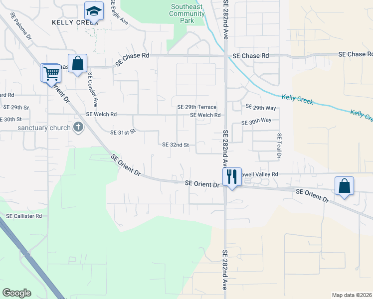map of restaurants, bars, coffee shops, grocery stores, and more near 5681 Southeast 32nd Street in Gresham