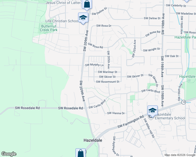 map of restaurants, bars, coffee shops, grocery stores, and more near 20757 Southwest Skiver Street in Beaverton