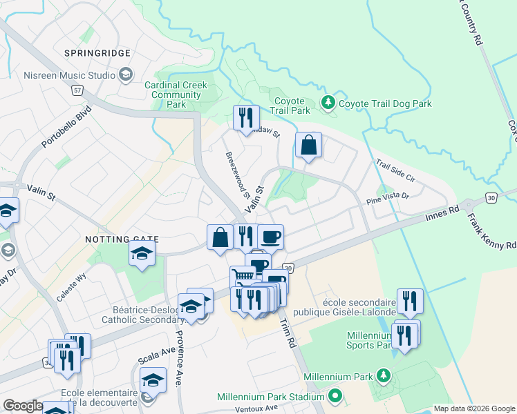 map of restaurants, bars, coffee shops, grocery stores, and more near 190 Rustic Hills Crescent in Ottawa