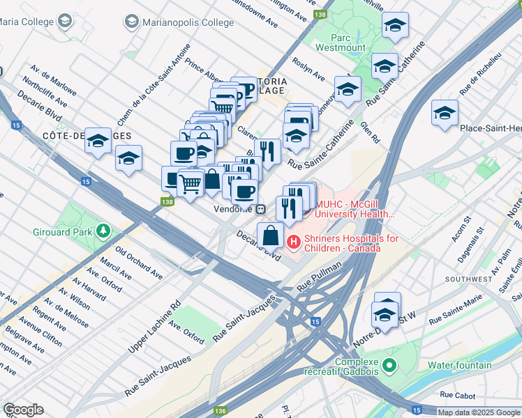 map of restaurants, bars, coffee shops, grocery stores, and more near 5160 Boulevard De Maisonneuve Ouest in Montréal
