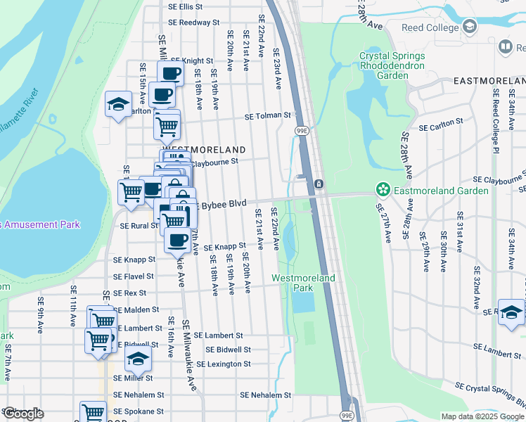 map of restaurants, bars, coffee shops, grocery stores, and more near 2130 Southeast Bybee Boulevard in Portland