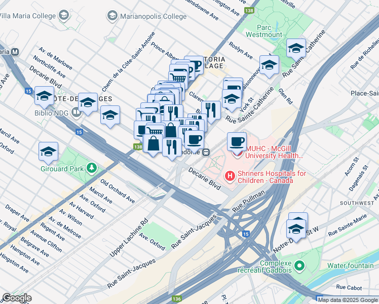 map of restaurants, bars, coffee shops, grocery stores, and more near 2001 Avenue Northcliffe in Montréal