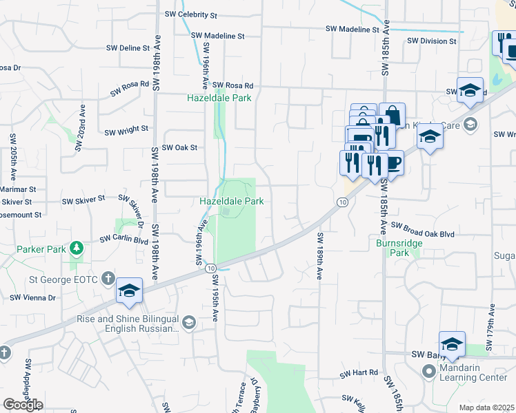 map of restaurants, bars, coffee shops, grocery stores, and more near 19265 Southwest Prospect Place in Aloha