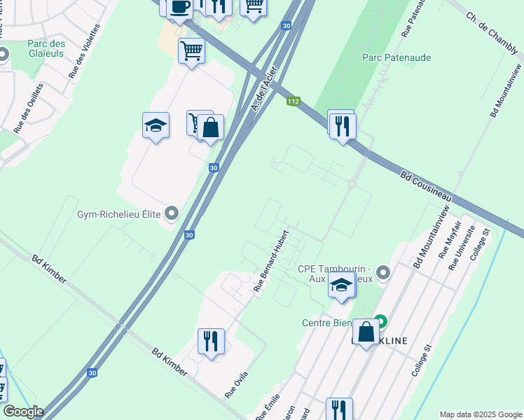 map of restaurants, bars, coffee shops, grocery stores, and more near 3679 Rue Émile-Bouthillier in Longueuil