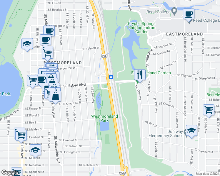 map of restaurants, bars, coffee shops, grocery stores, and more near 7042 Southeast McLoughlin Boulevard in Portland