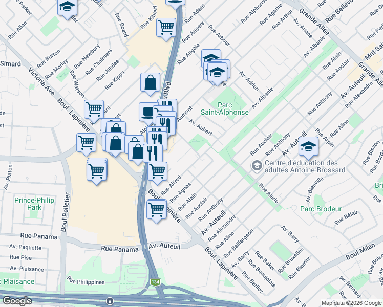 map of restaurants, bars, coffee shops, grocery stores, and more near 2525 Avenue Aumont in Brossard