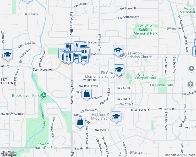 map of restaurants, bars, coffee shops, grocery stores, and more near 6360 Southwest Fisher Avenue in Beaverton