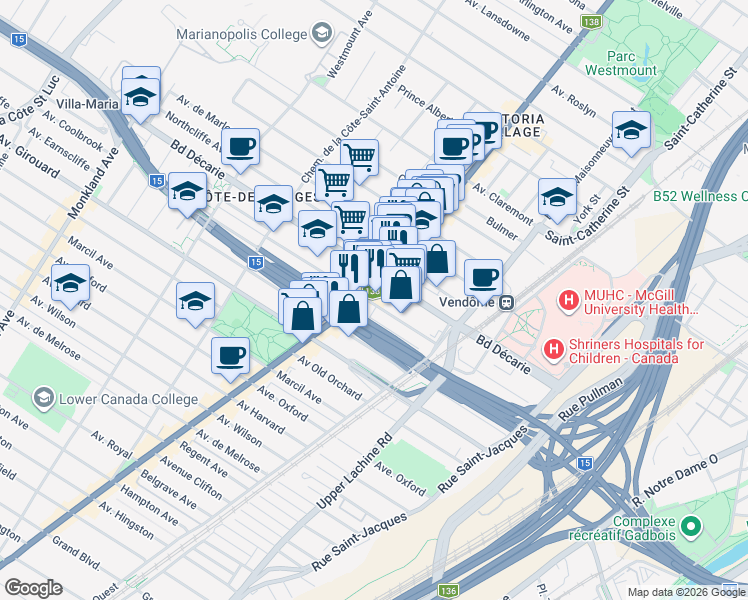 map of restaurants, bars, coffee shops, grocery stores, and more near 5340 Rue Sherbrooke Ouest in Montréal