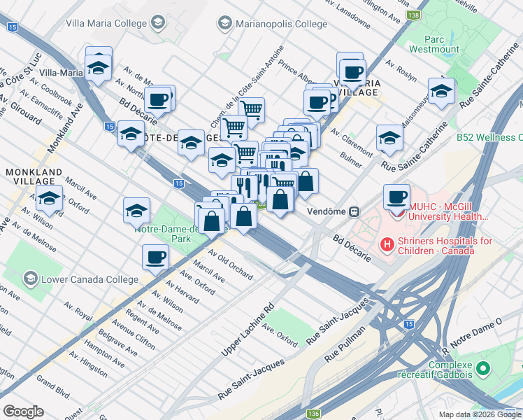 map of restaurants, bars, coffee shops, grocery stores, and more near 5340 Rue Sherbrooke Ouest in Montréal