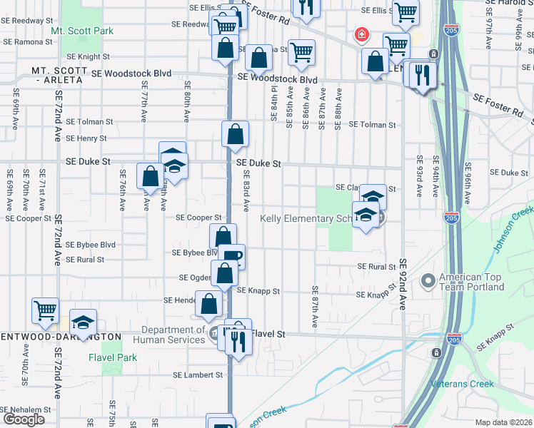 map of restaurants, bars, coffee shops, grocery stores, and more near 6720 Southeast 84th Avenue in Portland