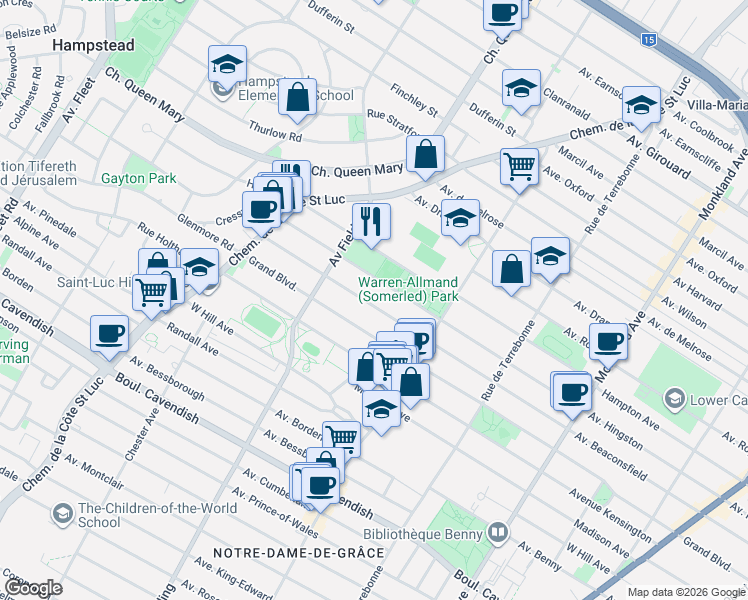 map of restaurants, bars, coffee shops, grocery stores, and more near 4961 Avenue Beaconsfield in Montréal