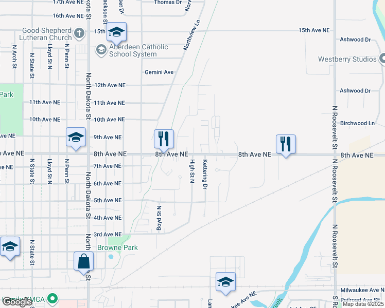 map of restaurants, bars, coffee shops, grocery stores, and more near 1498 8th Avenue Northeast in Aberdeen