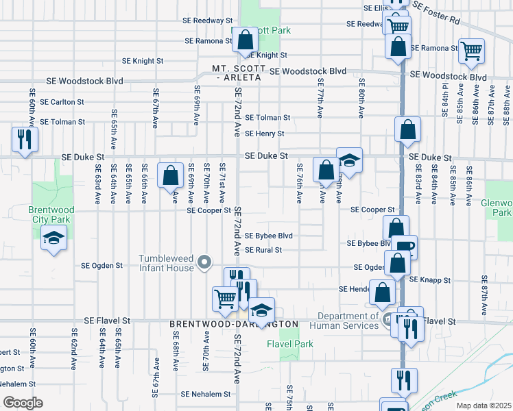 map of restaurants, bars, coffee shops, grocery stores, and more near 6727 Southeast 74th Avenue in Portland