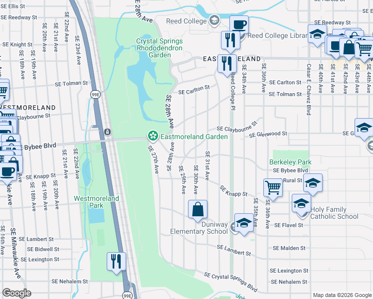 map of restaurants, bars, coffee shops, grocery stores, and more near 2937 Southeast Claybourne Street in Portland