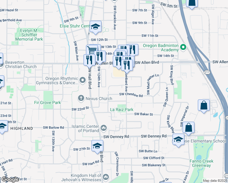 map of restaurants, bars, coffee shops, grocery stores, and more near 6369 Southwest Lombard Avenue in Beaverton