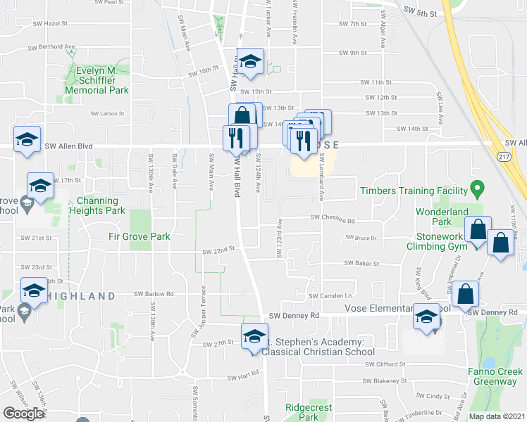 map of restaurants, bars, coffee shops, grocery stores, and more near 6120 Southwest 124th Avenue in Beaverton