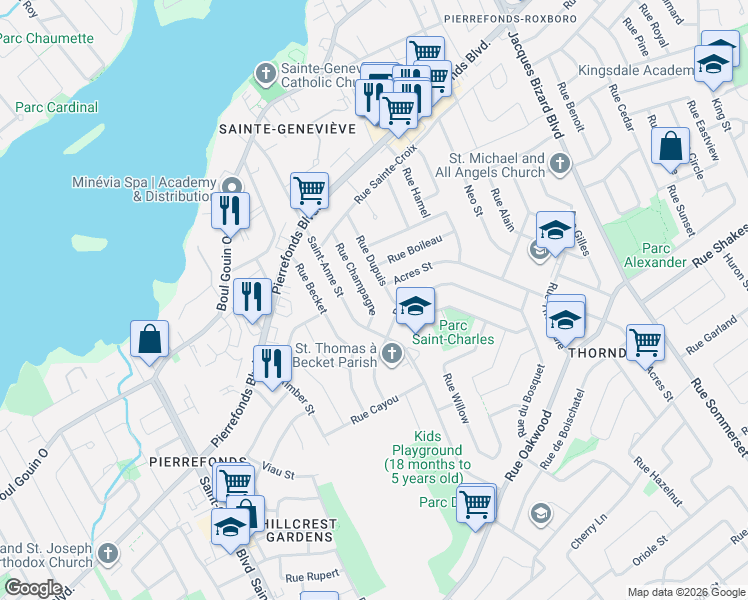 map of restaurants, bars, coffee shops, grocery stores, and more near 4379 Rue Champagne in Montréal
