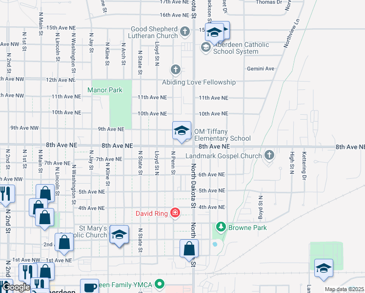map of restaurants, bars, coffee shops, grocery stores, and more near 819 8th Avenue Northeast in Aberdeen