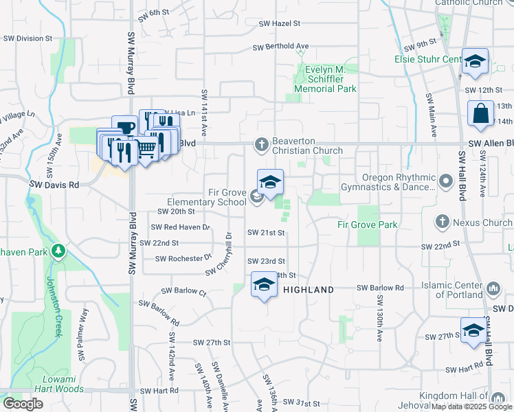 map of restaurants, bars, coffee shops, grocery stores, and more near 6300 Southwest Wilson Avenue in Beaverton