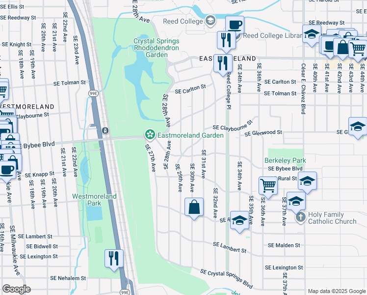 map of restaurants, bars, coffee shops, grocery stores, and more near 2937 Southeast Claybourne Street in Portland
