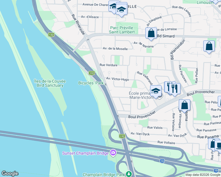 map of restaurants, bars, coffee shops, grocery stores, and more near 5769 Boulevard Marie-Victorin in Brossard