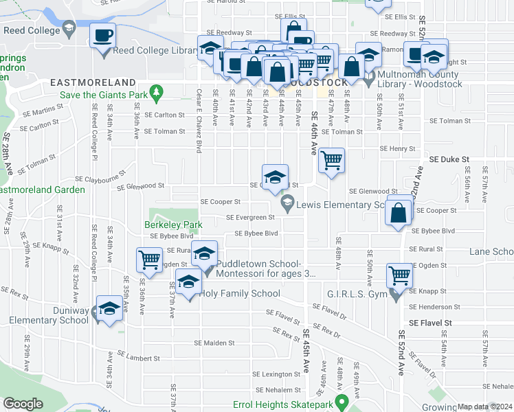 map of restaurants, bars, coffee shops, grocery stores, and more near 4212 Southeast Cooper Street in Portland