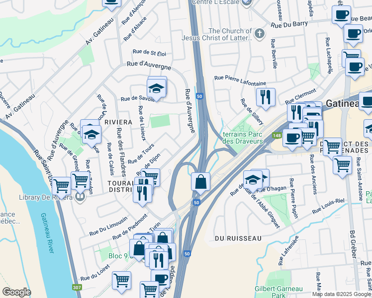map of restaurants, bars, coffee shops, grocery stores, and more near 46 Rue de Gascogne in Gatineau