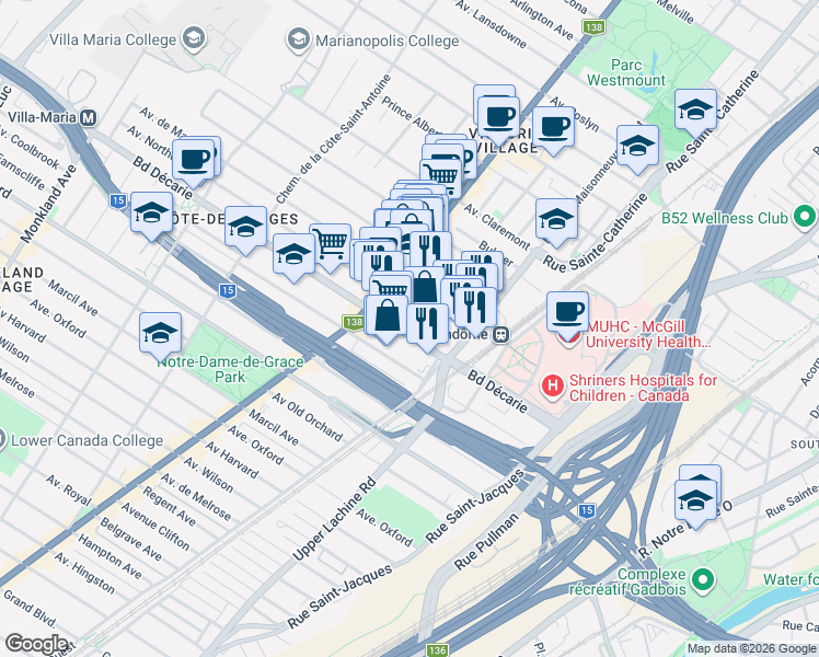 map of restaurants, bars, coffee shops, grocery stores, and more near 2085 Boulevard Décarie in Montréal