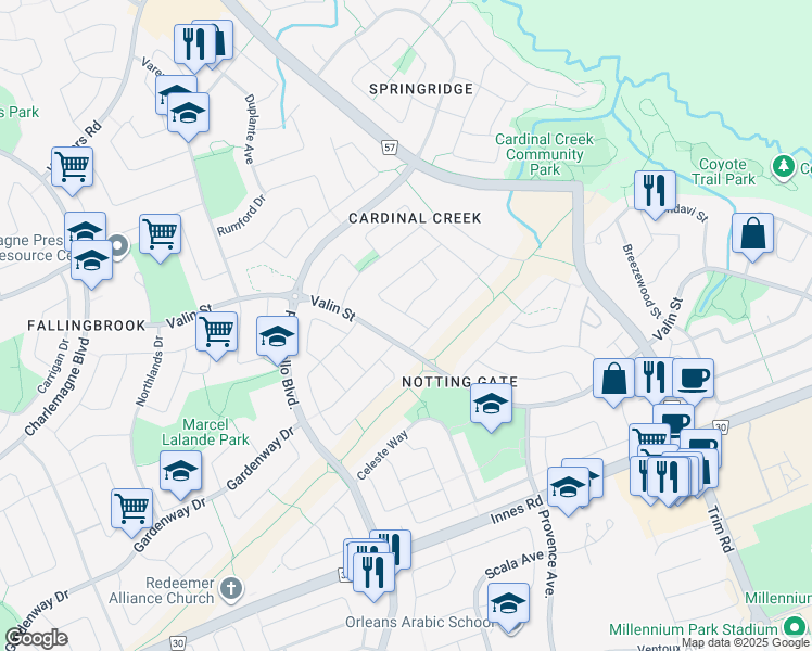 map of restaurants, bars, coffee shops, grocery stores, and more near 986 Gosnell Terrace in Ottawa