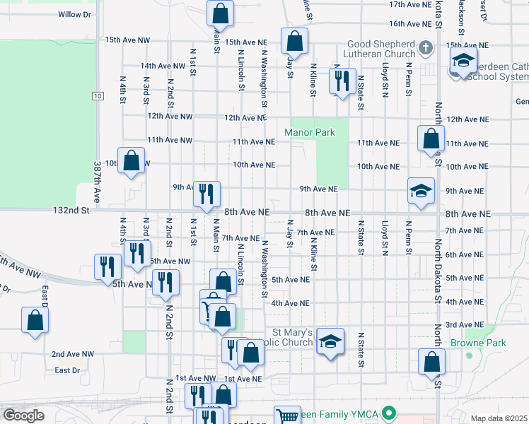map of restaurants, bars, coffee shops, grocery stores, and more near 199 8th Avenue Northeast in Aberdeen
