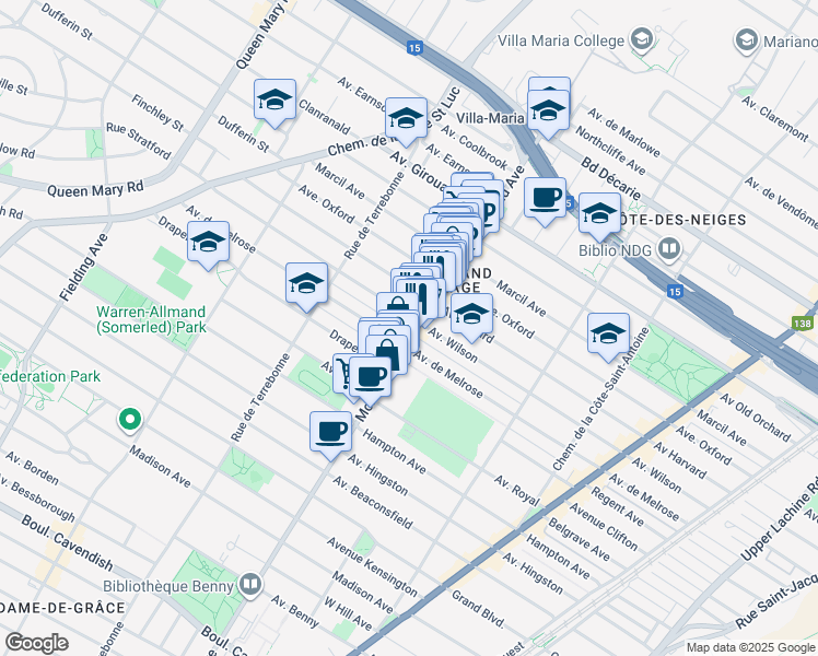 map of restaurants, bars, coffee shops, grocery stores, and more near in Montreal