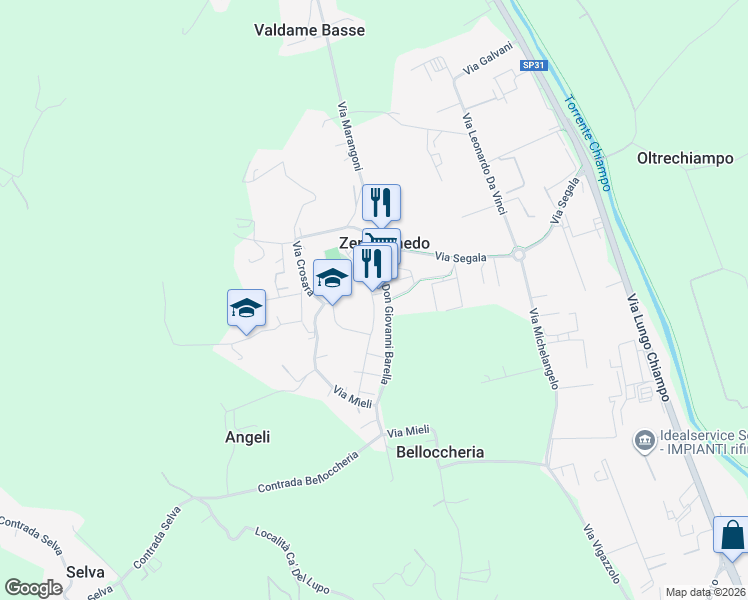 map of restaurants, bars, coffee shops, grocery stores, and more near 2 Via Antonio Salieri in Zermeghedo