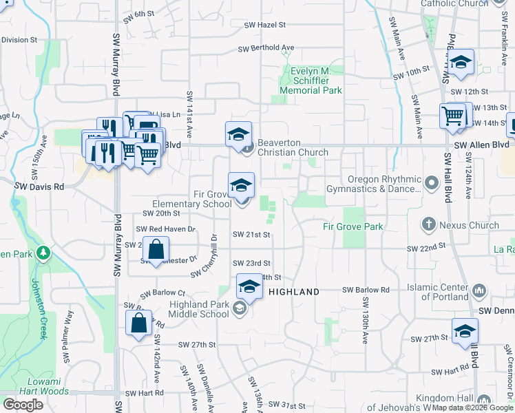 map of restaurants, bars, coffee shops, grocery stores, and more near 6300 Southwest Wilson Avenue in Beaverton
