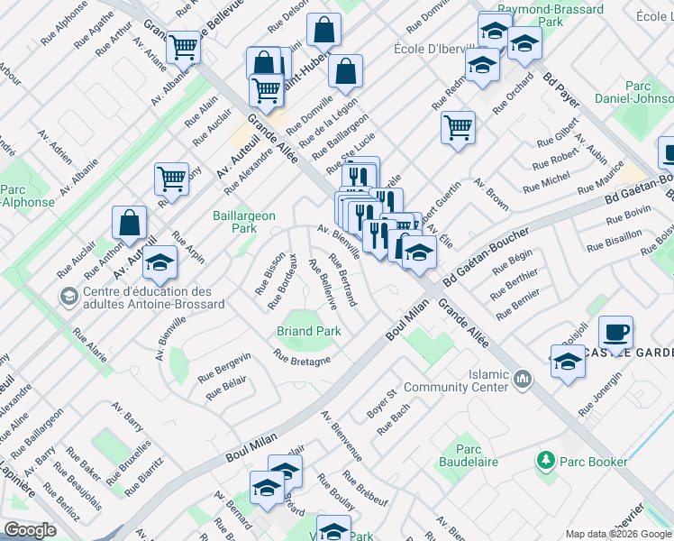 map of restaurants, bars, coffee shops, grocery stores, and more near 5635 Rue Bertrand in Brossard