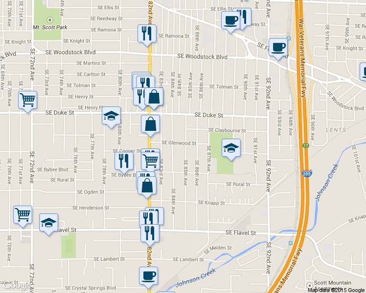 map of restaurants, bars, coffee shops, grocery stores, and more near 8508 Southeast Glenwood Street in Portland