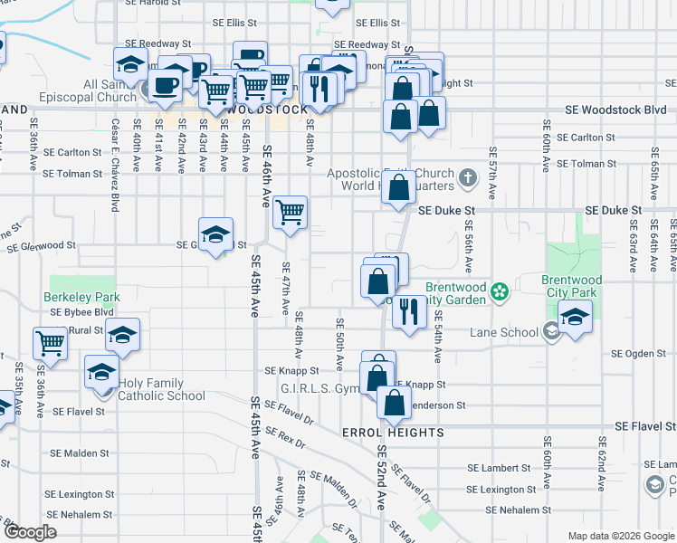 map of restaurants, bars, coffee shops, grocery stores, and more near 6717 Southeast 50th Avenue in Portland