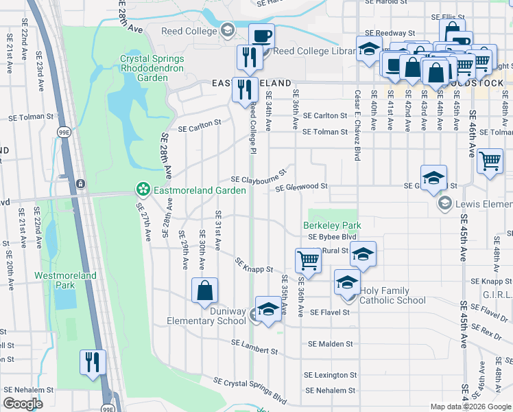 map of restaurants, bars, coffee shops, grocery stores, and more near 6817 Southeast Reed College Place in Portland