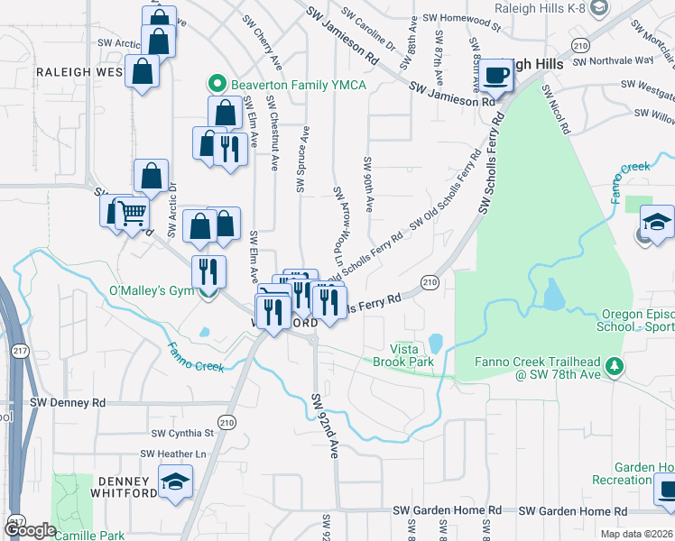 map of restaurants, bars, coffee shops, grocery stores, and more near 6366 Southwest Arrow-Wood Lane in Portland