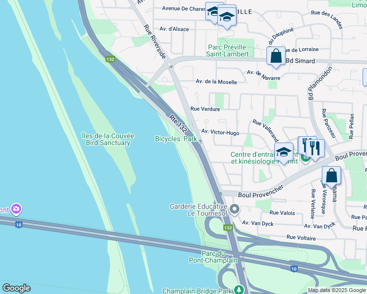 map of restaurants, bars, coffee shops, grocery stores, and more near 5730 Boulevard Marie-Victorin in Brossard