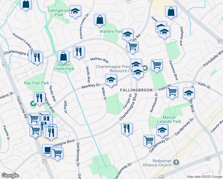 map of restaurants, bars, coffee shops, grocery stores, and more near 720 Merkley Drive in Ottawa