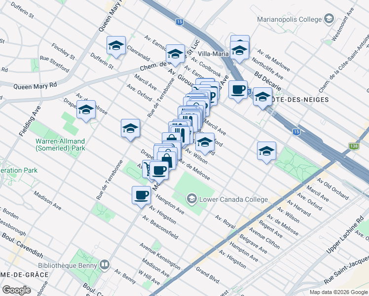 map of restaurants, bars, coffee shops, grocery stores, and more near 4265 Avenue Wilson in Montreal