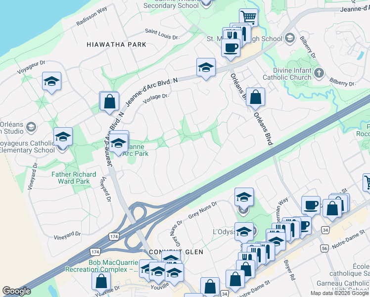 map of restaurants, bars, coffee shops, grocery stores, and more near 1195 Saint-Jérôme Crescent in Ottawa