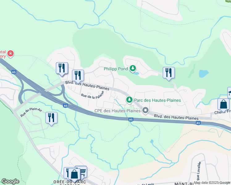 map of restaurants, bars, coffee shops, grocery stores, and more near 547 Boulevard des Hautes-Plaines in Gatineau