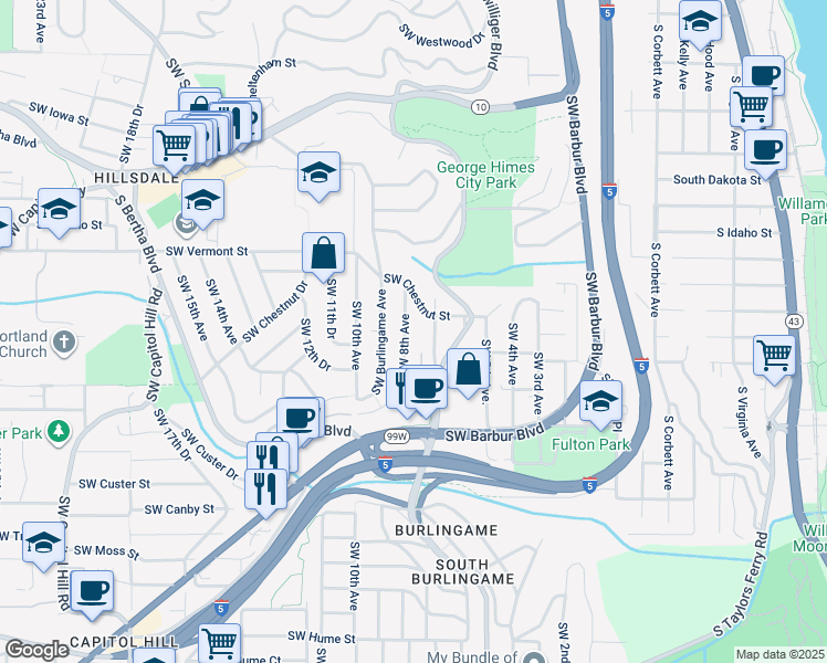 map of restaurants, bars, coffee shops, grocery stores, and more near 6938 Southwest 8th Avenue in Portland