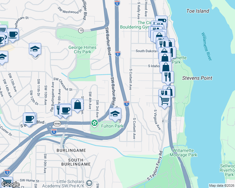map of restaurants, bars, coffee shops, grocery stores, and more near 6930 Southwest Brier Place in Portland