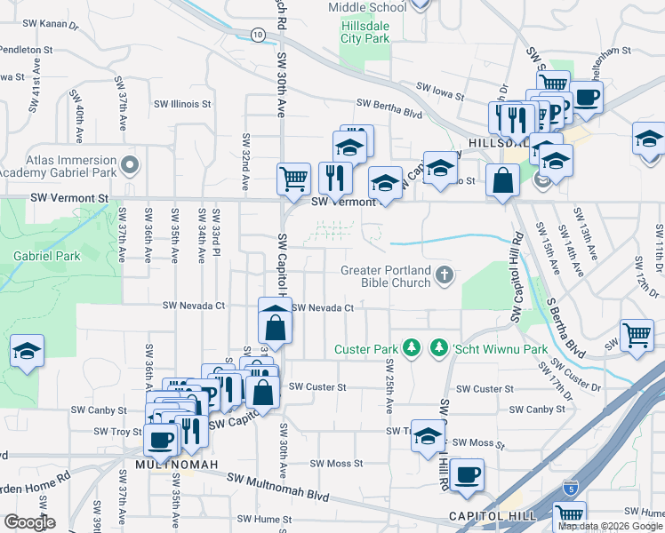 map of restaurants, bars, coffee shops, grocery stores, and more near 2723 Southwest Texas Street in Portland