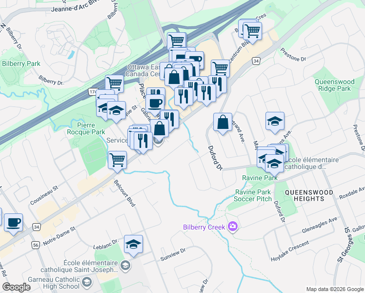 map of restaurants, bars, coffee shops, grocery stores, and more near 6887 Edgar-Brault Street in Ottawa